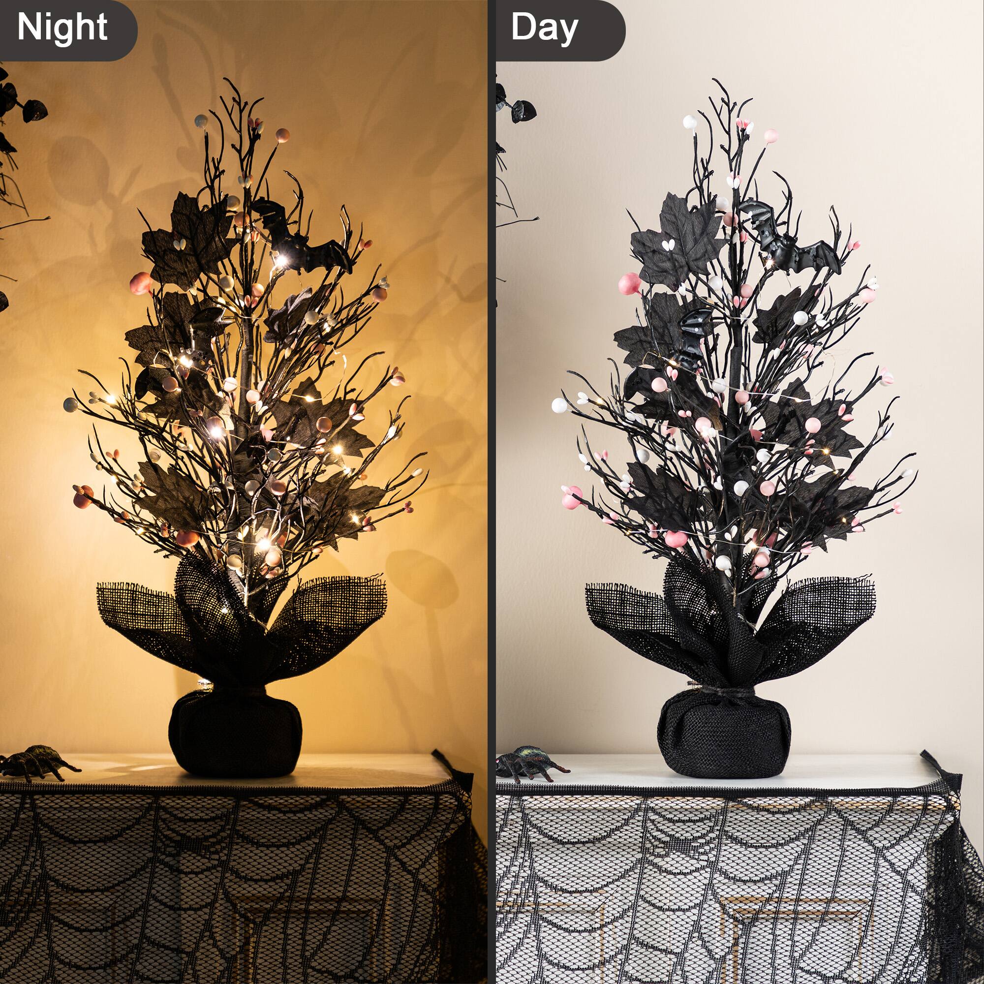 Glitzhome® 20"H Lighted Black and Pink Halloween Berries Table Tree